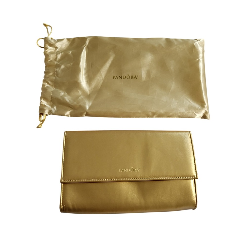 Pandora Metallic Gold Jewelry Clutch and Drawstring Dust Bag Set Travel Case